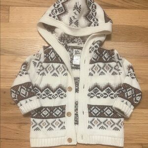 Baby B’Gosh  Cream, Blue and Brown Geometric Knit Hooded Cardigan Kids Size 12m